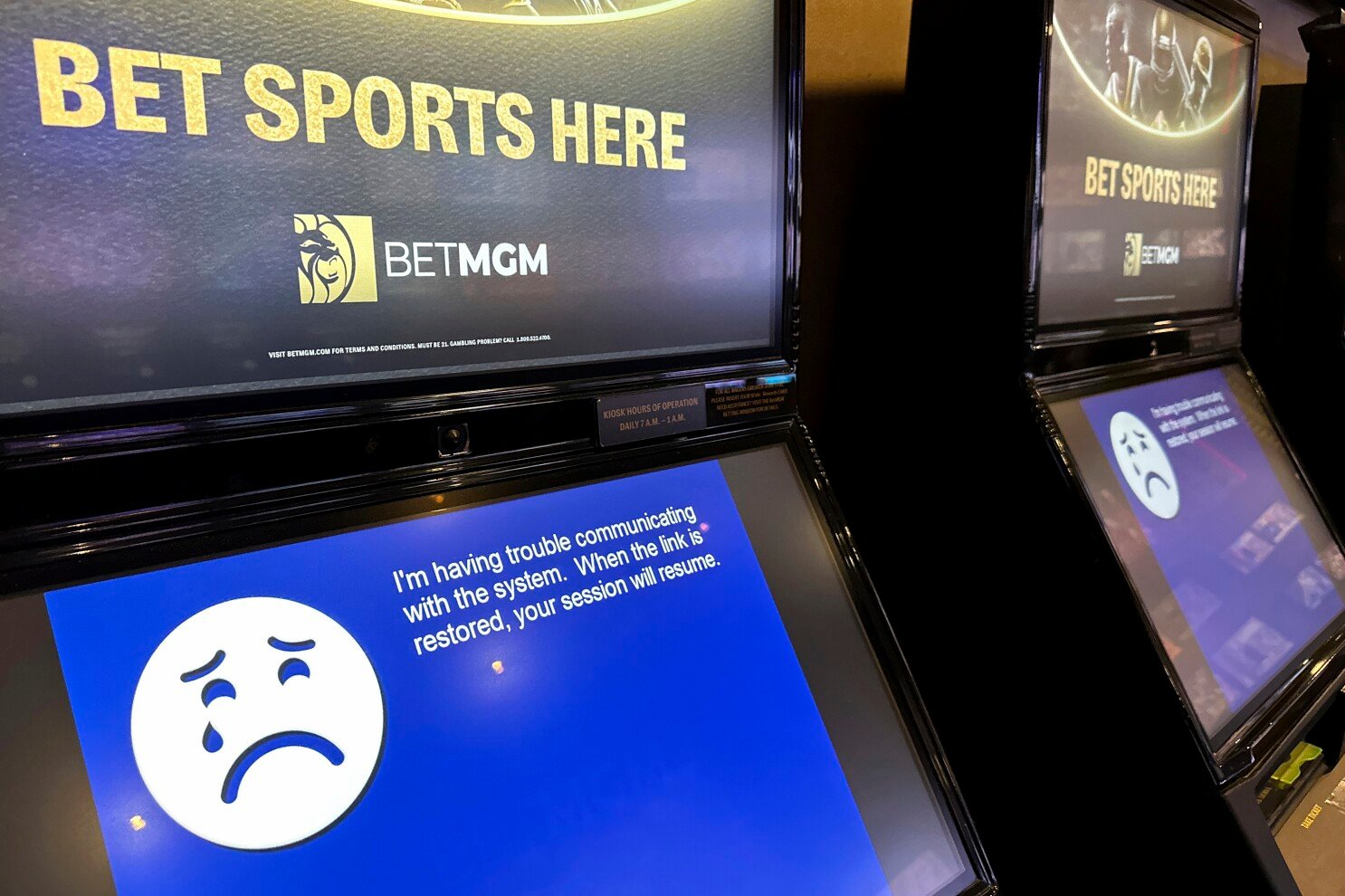 An error message is displayed on a machine at MGM Grand in Las Vegas, Tuesday, Sept. 12, 2023. MGM Resorts said a cybersecurity attack began Sunday, affecting reservations and casino floors in Las Vegas and other states. (K.M. Cannon/Las Vegas Review-Journal via AP)