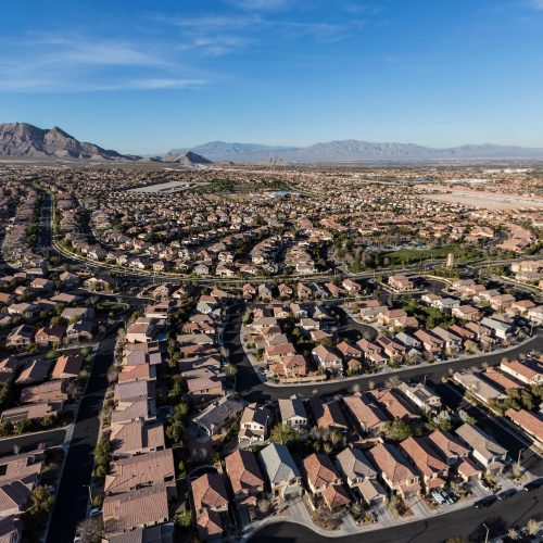 Aerial view of Summerlin streets and homes in suburban Las Vegas, Nevada.